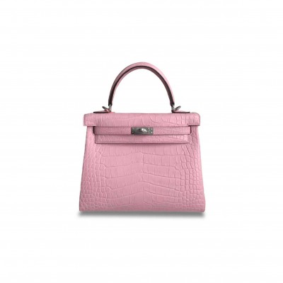 HERMÈS MASTER KELLY 25 MATTE CROCODILE CHERRY PINK SILVER BUCKLE (25*17*7cm) 